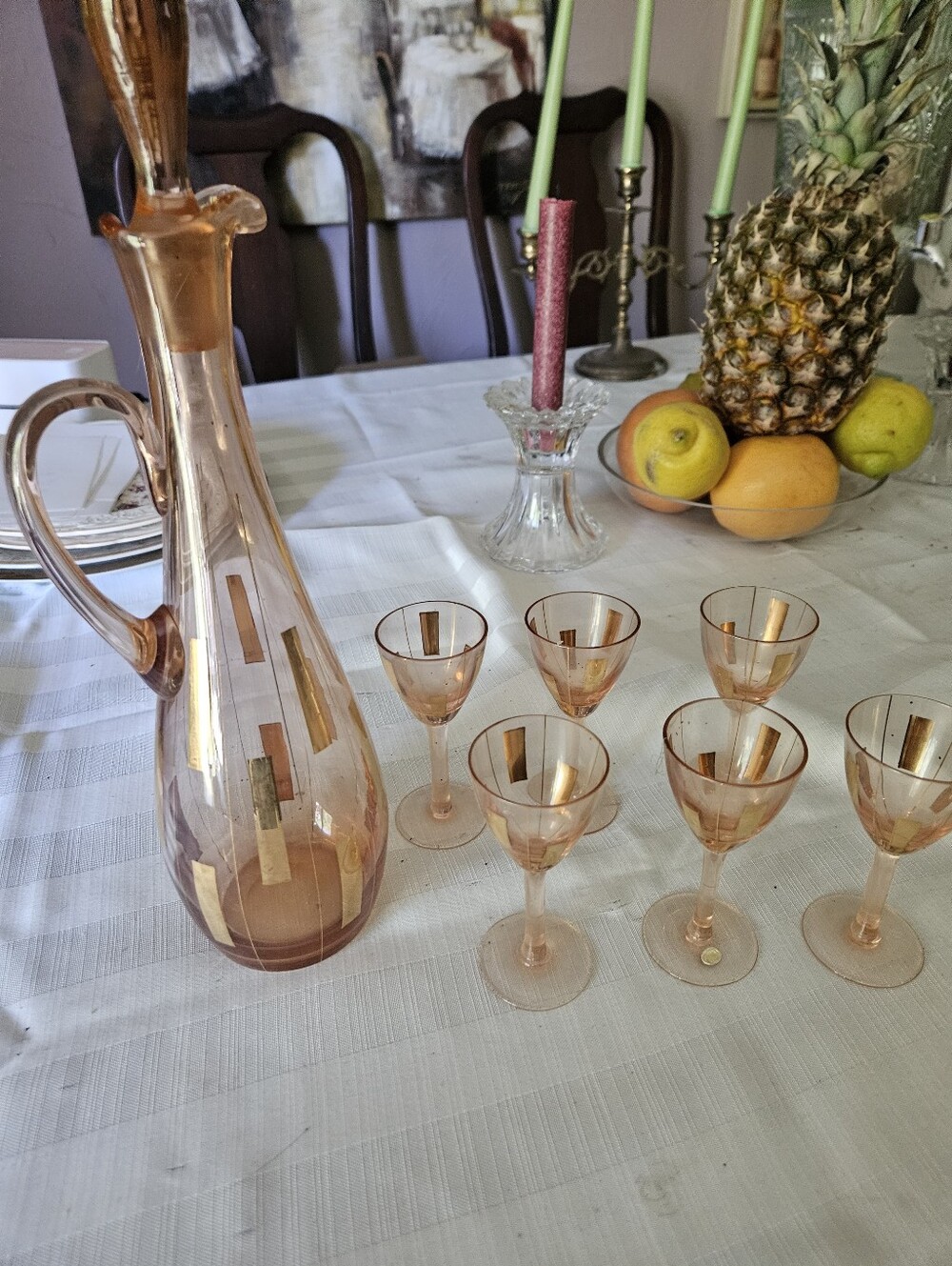 Elegant Pink Glass Decanter and Cordial Set with Gold Accents